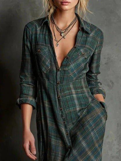 Paula | Vestido largo camisero con estampado de cuadros verdes - RivenaModa