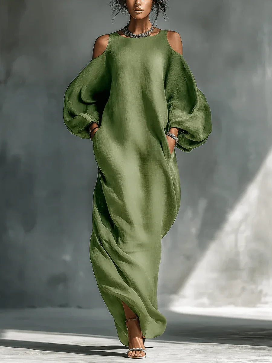 Selena | Vestido largo verde fluido con hombros descubiertos y mangas amplias - RivenaModa