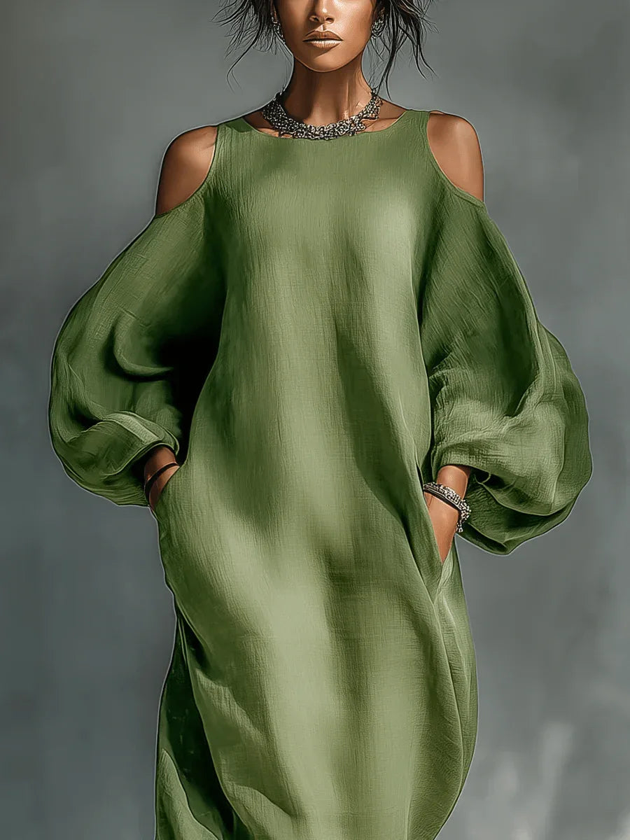 Selena | Vestido largo verde fluido con hombros descubiertos y mangas amplias - RivenaModa
