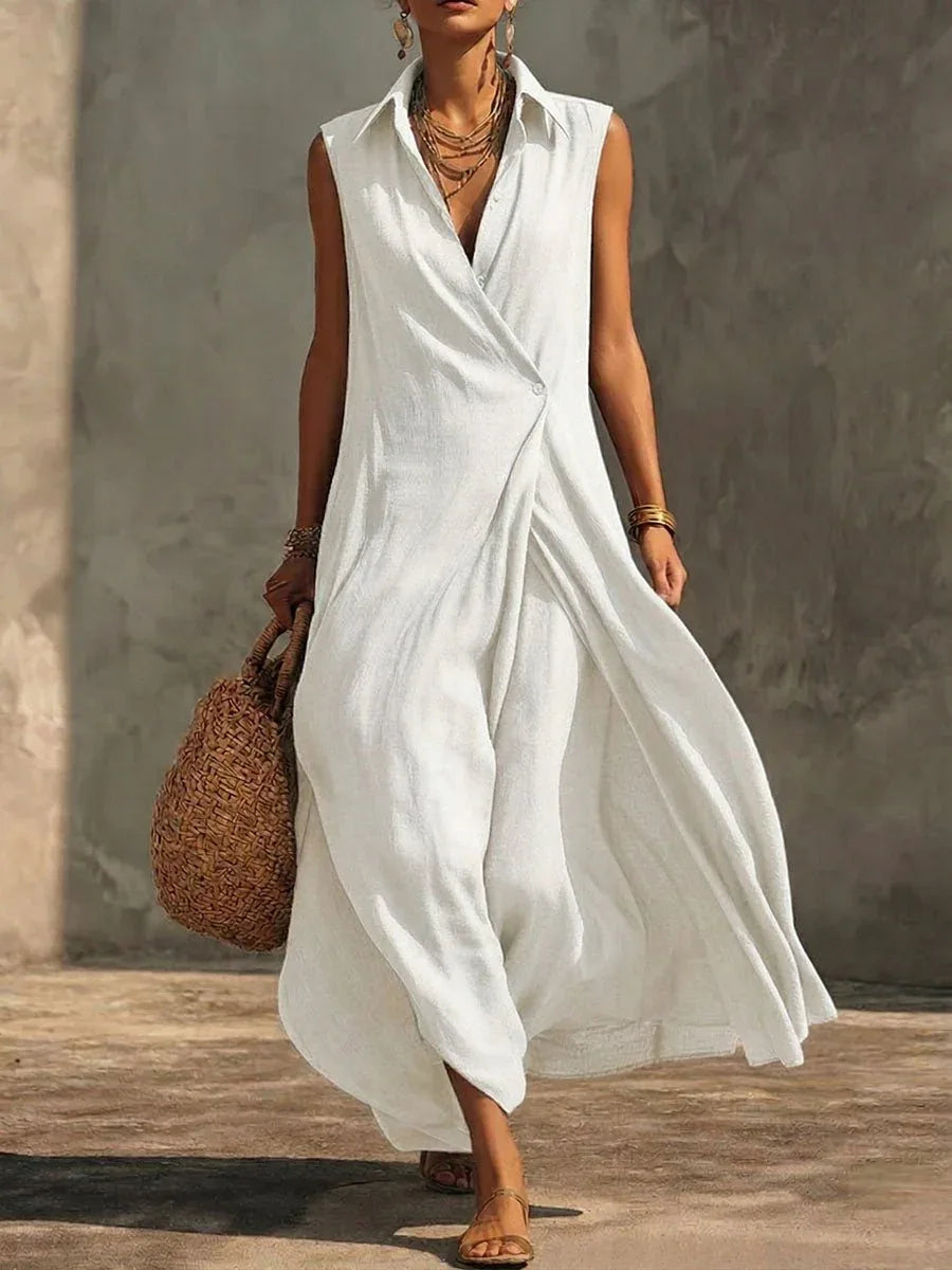 Silvia | Vestido largo fluido de lino y algodón con escote cruzado - RivenaModa