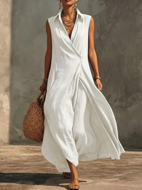 Silvia | Vestido largo fluido de lino y algodón con escote cruzado - RivenaModa