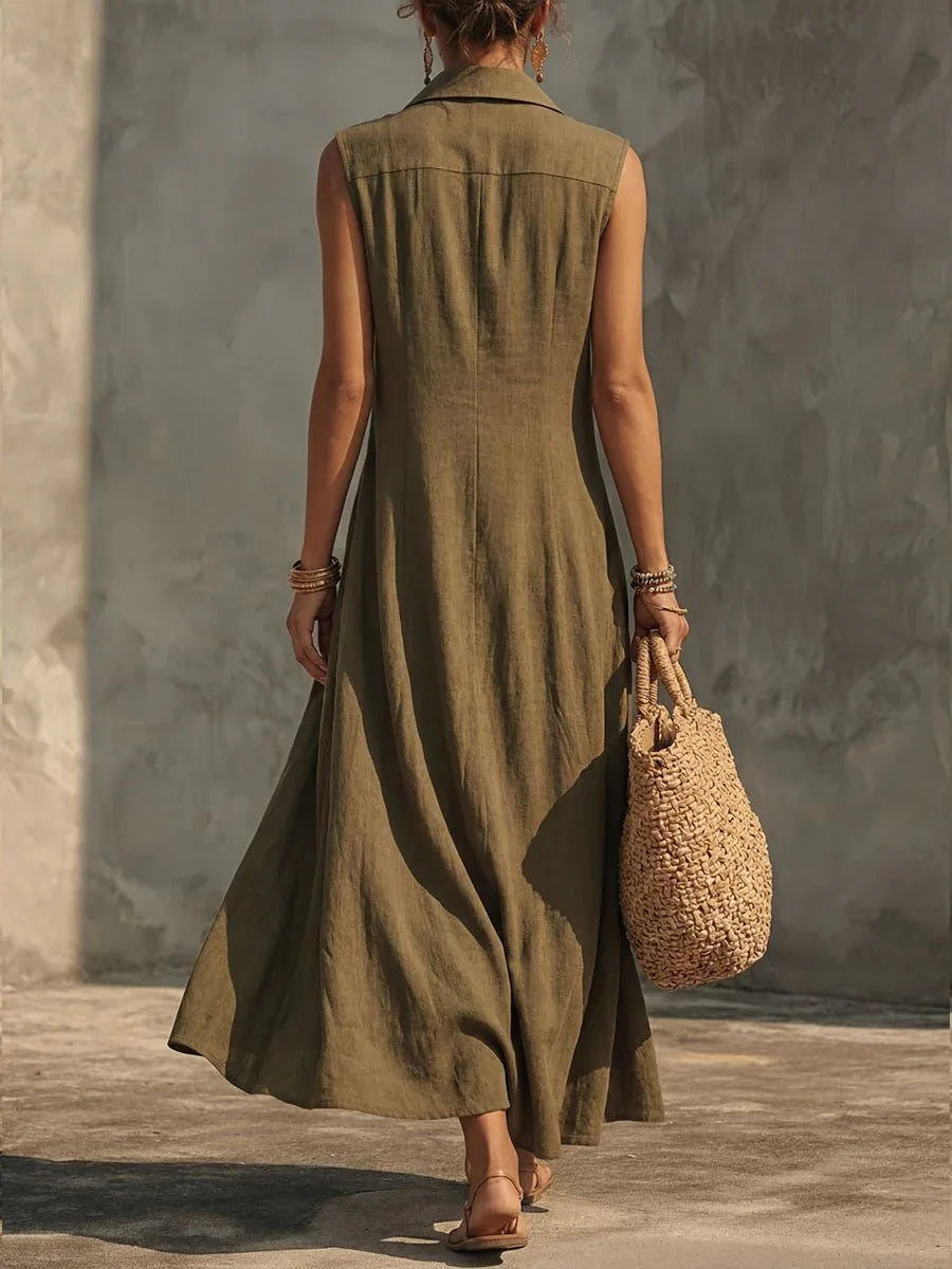Silvia | Vestido largo fluido de lino y algodón con escote cruzado - RivenaModa
