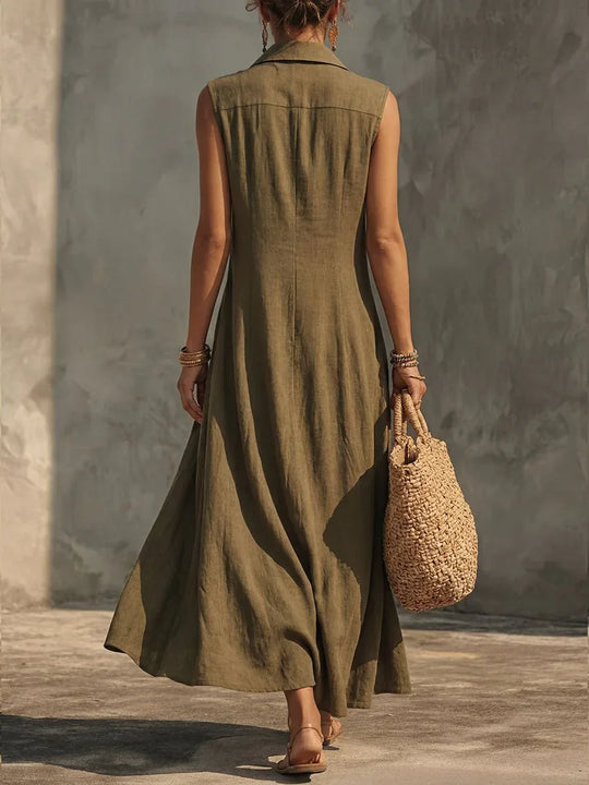 Silvia | Vestido largo fluido de lino y algodón con escote cruzado - RivenaModa