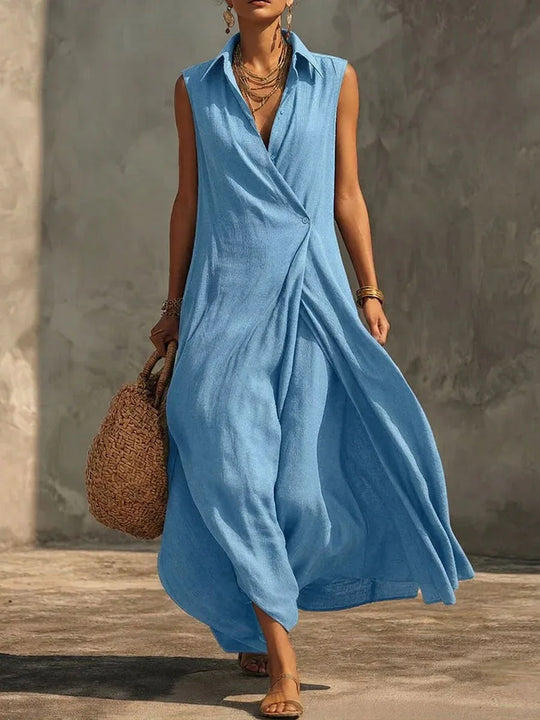 Silvia | Vestido largo fluido de lino y algodón con escote cruzado - RivenaModa