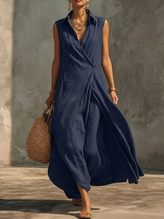 Silvia | Vestido largo fluido de lino y algodón con escote cruzado - RivenaModa