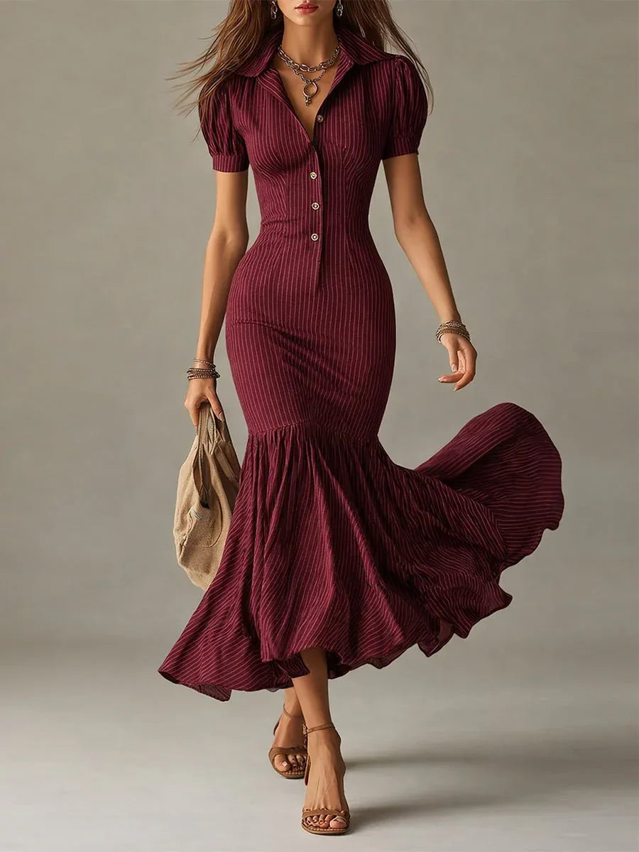 Soraya | Vestido largo entallado con rayas y bajo con vuelo - RivenaModa