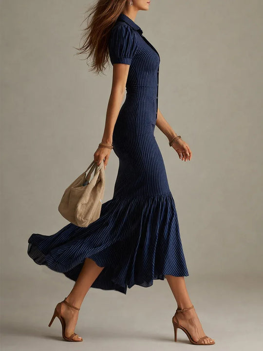 Soraya | Vestido largo entallado con rayas y bajo con vuelo - RivenaModa