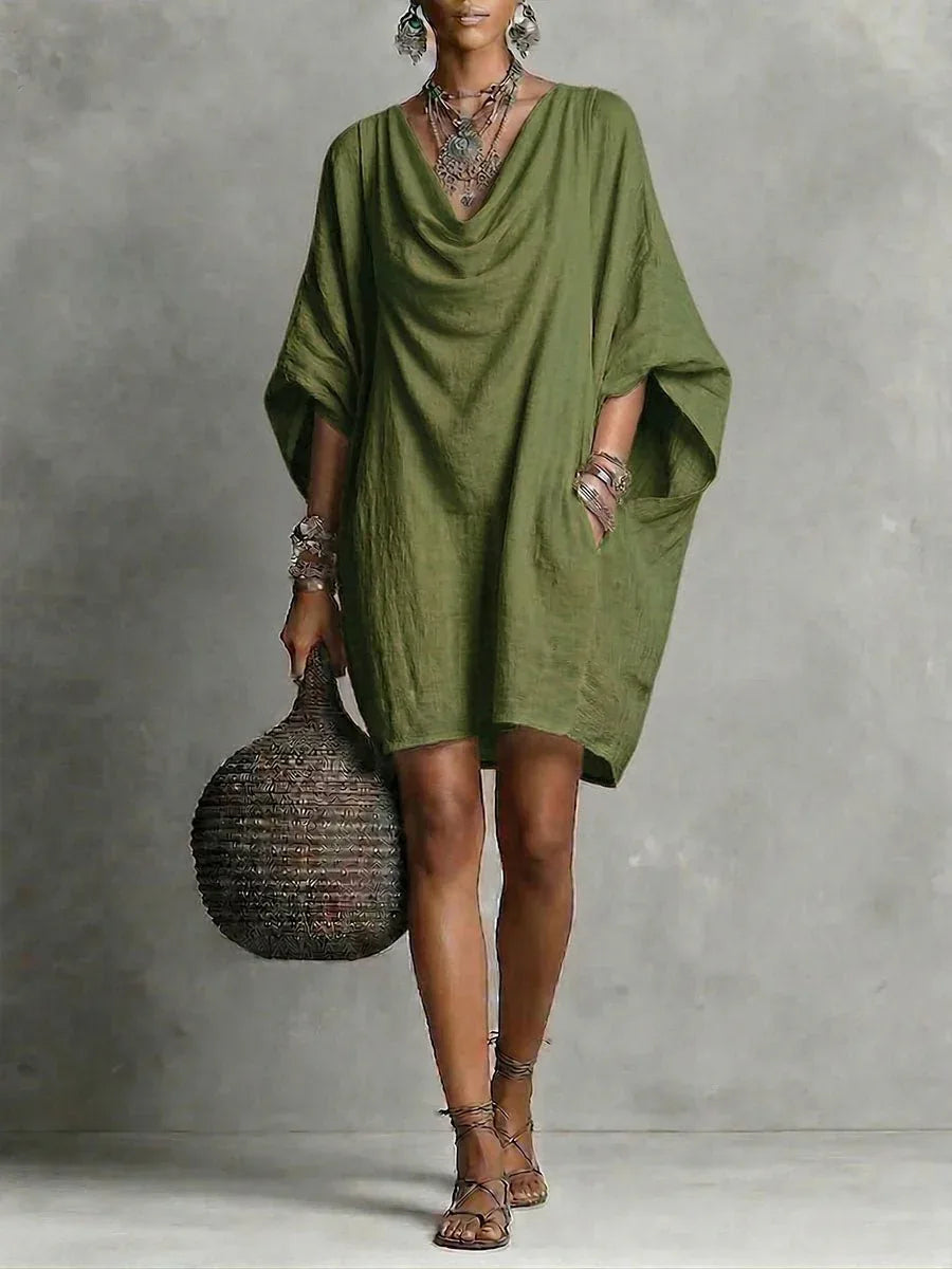 Teresa | Vestido corto fluido de algodón con cuello caído y manga amplia - RivenaModa