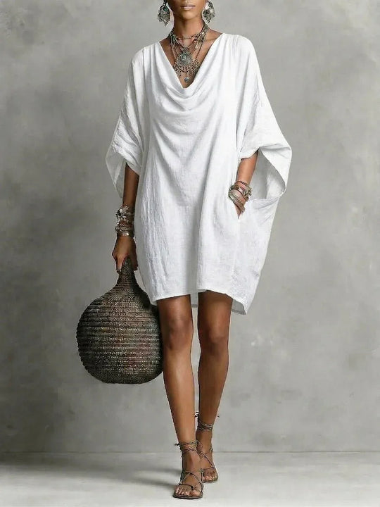 Teresa | Vestido corto fluido de algodón con cuello caído y manga amplia - RivenaModa