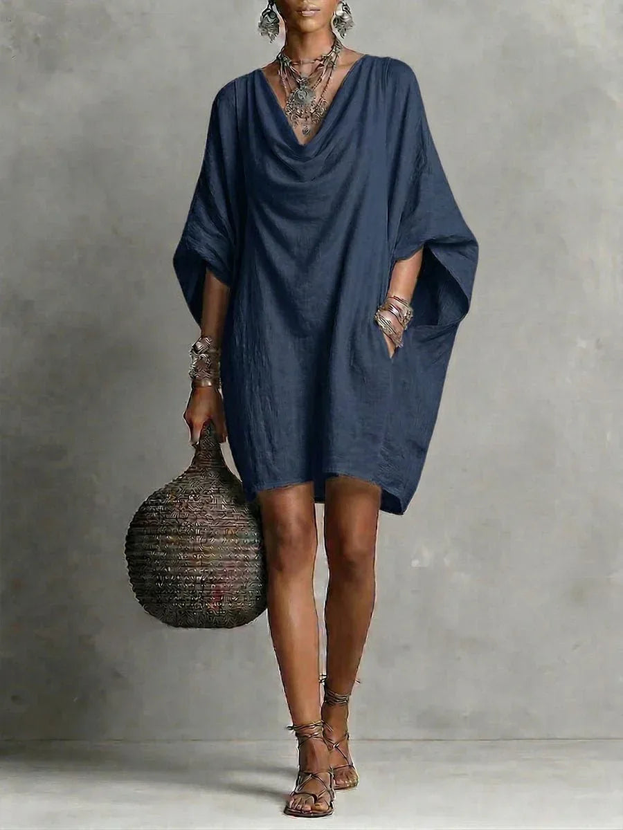 Teresa | Vestido corto fluido de algodón con cuello caído y manga amplia - RivenaModa