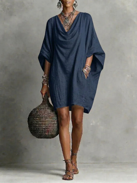 Teresa | Vestido corto fluido de algodón con cuello caído y manga amplia - RivenaModa