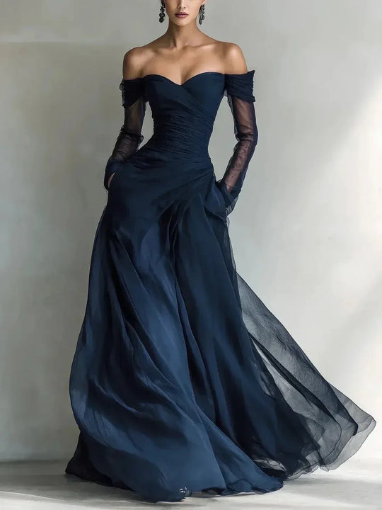 Teresa | Vestido largo con hombros descubiertos y detalles en malla - RivenaModa